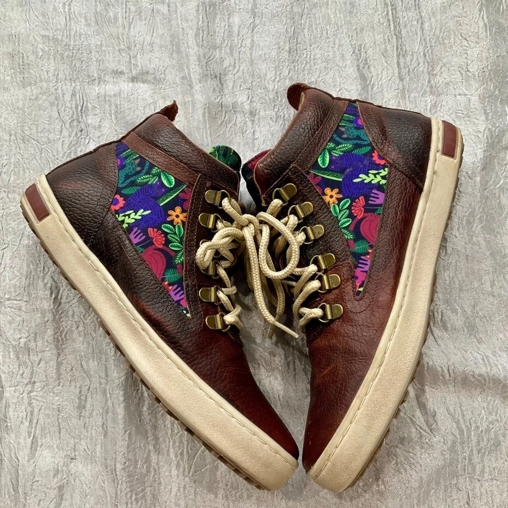Inkkas Brown Leather Floral Cat Print High Top Sneakers Boots Womens 10 Mens 8